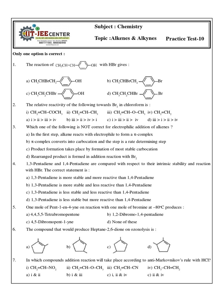 Alkenes Practice Problems Test | PDF | Alcohol | Alkene