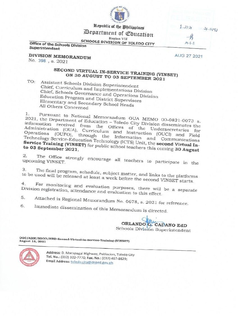 DM No. 398, S. 2021 - Second Virtual In-Service Training (VINSET) On 30 ...