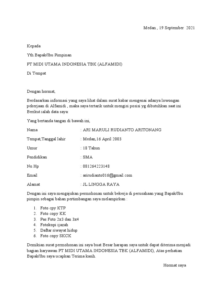 Download 61+ Contoh Surat Surat Lamaran Kerja Alfamidi Medan Terbaik Gratis
