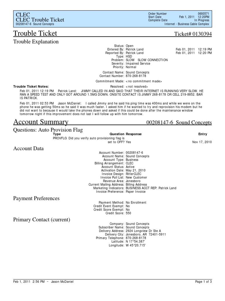 Clec CLEC Trouble Ticket Ticket# 0130394 Trouble Explanation | PDF ...