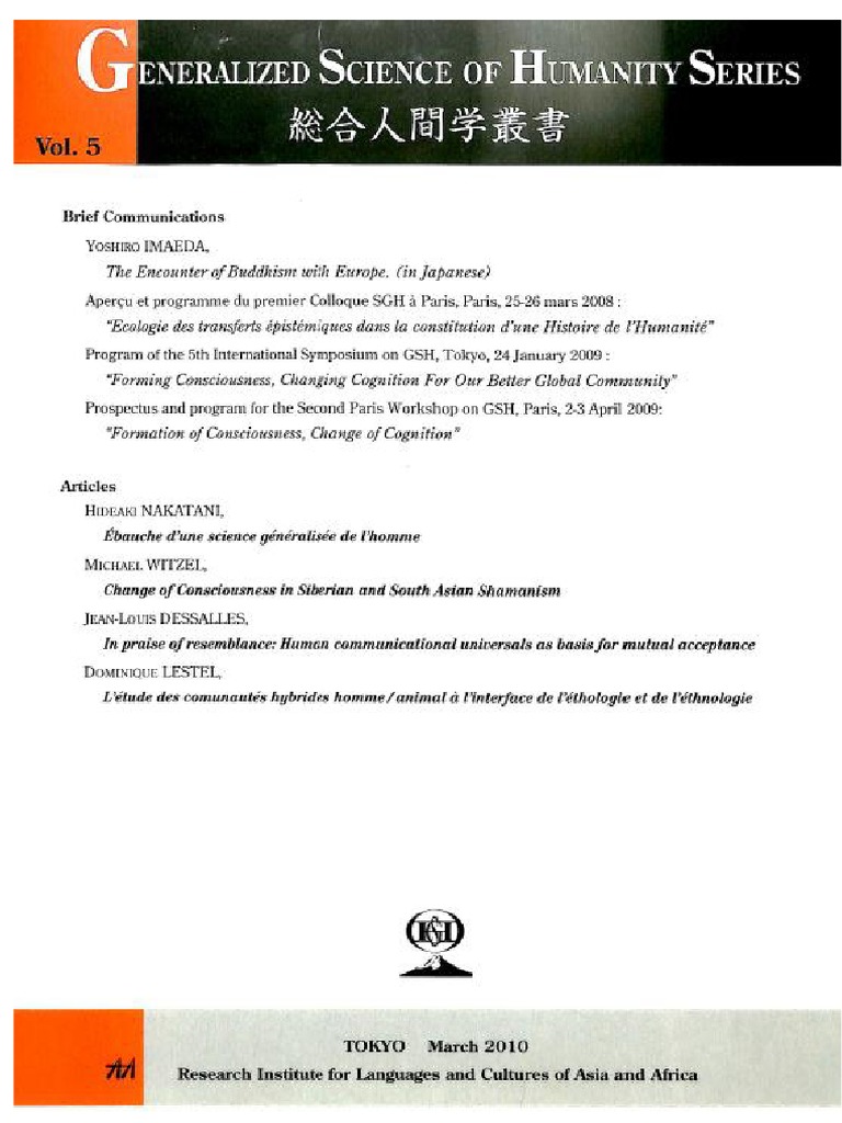 Generalized Science Of Humanity Gsh Science Generalisee De L Homme Vol 5 Edited By Hideaki Nakatani Research Institute For Languages And Cultures Of Asia And Africa Tokyo 2010gshvol 5 Pdf