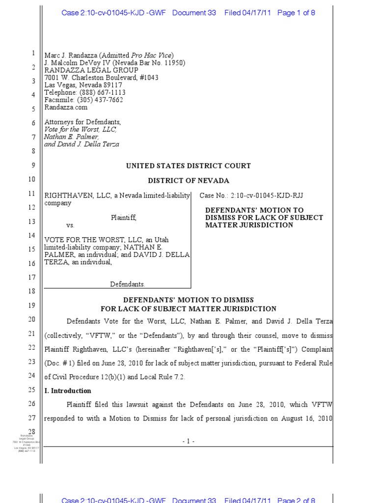 Motion to Dismiss for Lack of Jurisdiction PDF Lawsuit Copyright