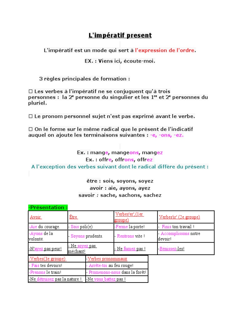 Verbe Du 1er Groupe à L impératif Fiche Imperatif Present | PDF | Verbe | Nombre grammatical