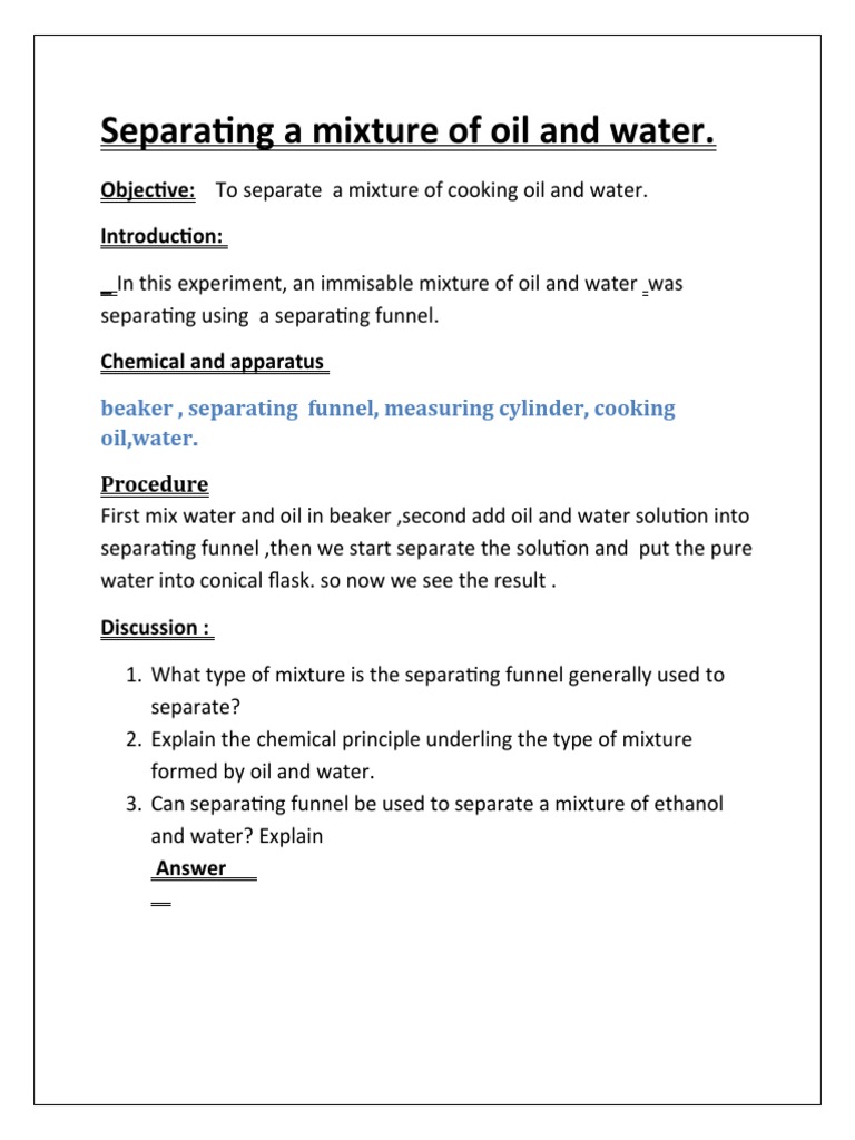 Oil and Water Separation Experiment | PDF