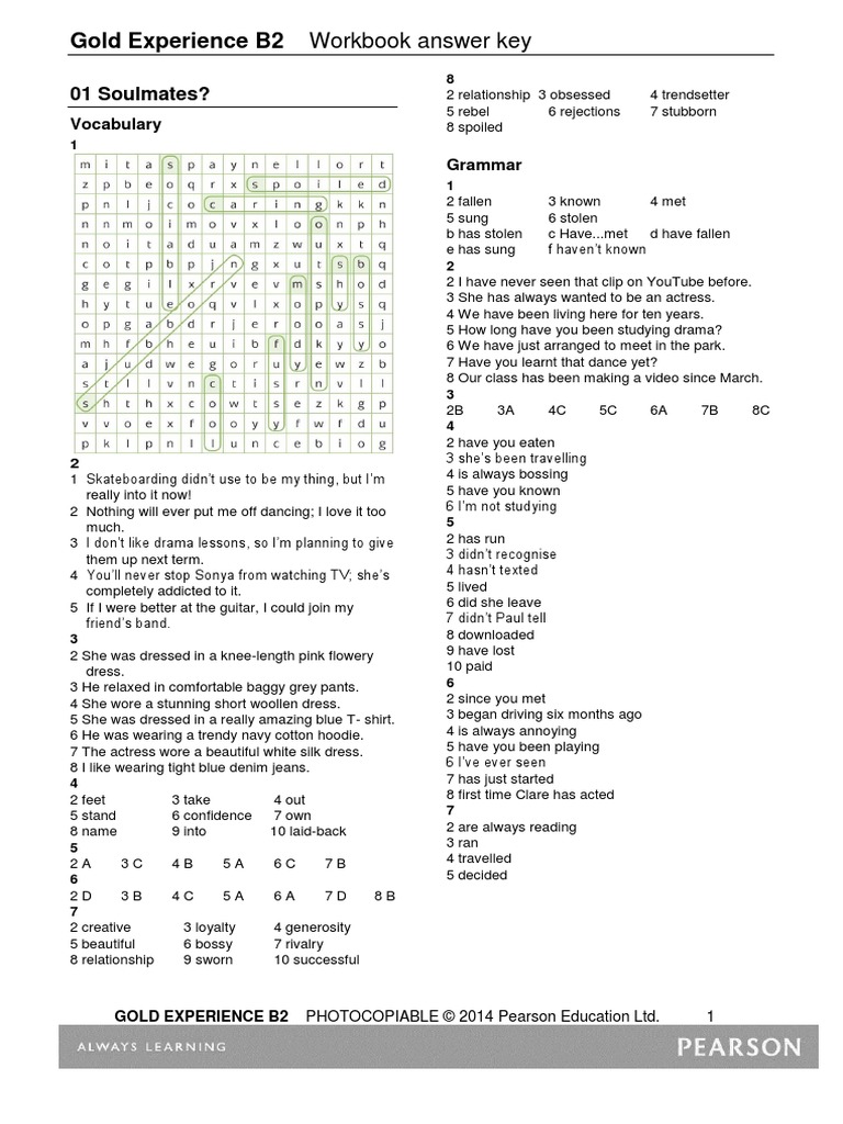 Gold Experience B2 Workbook Answer Key: 01 Soulmates? | PDF | Schools ...
