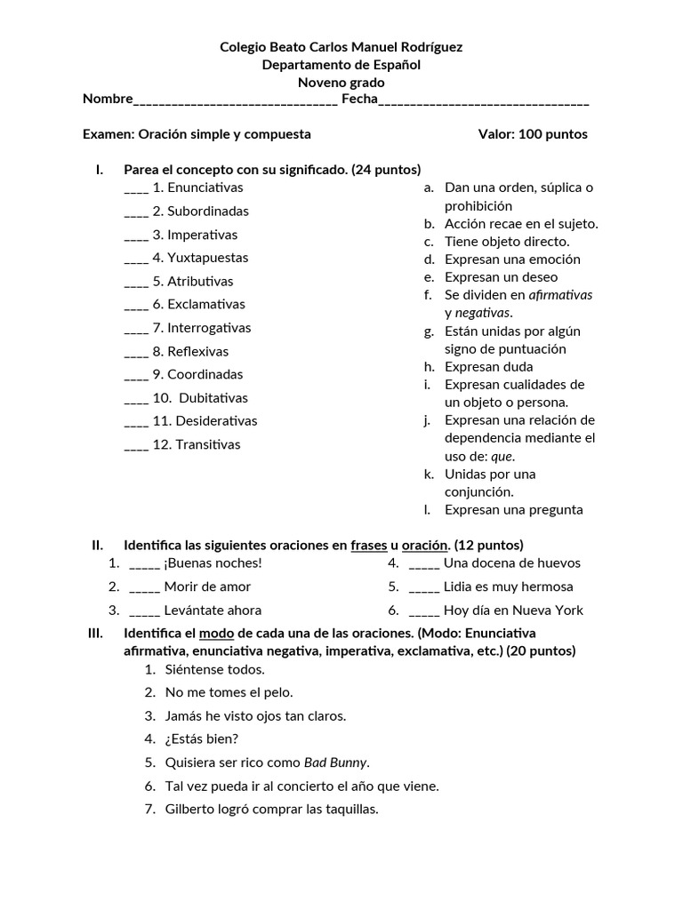 Examen de Oraciones Simples y Compuestas | PDF | Oración (Lingüística)