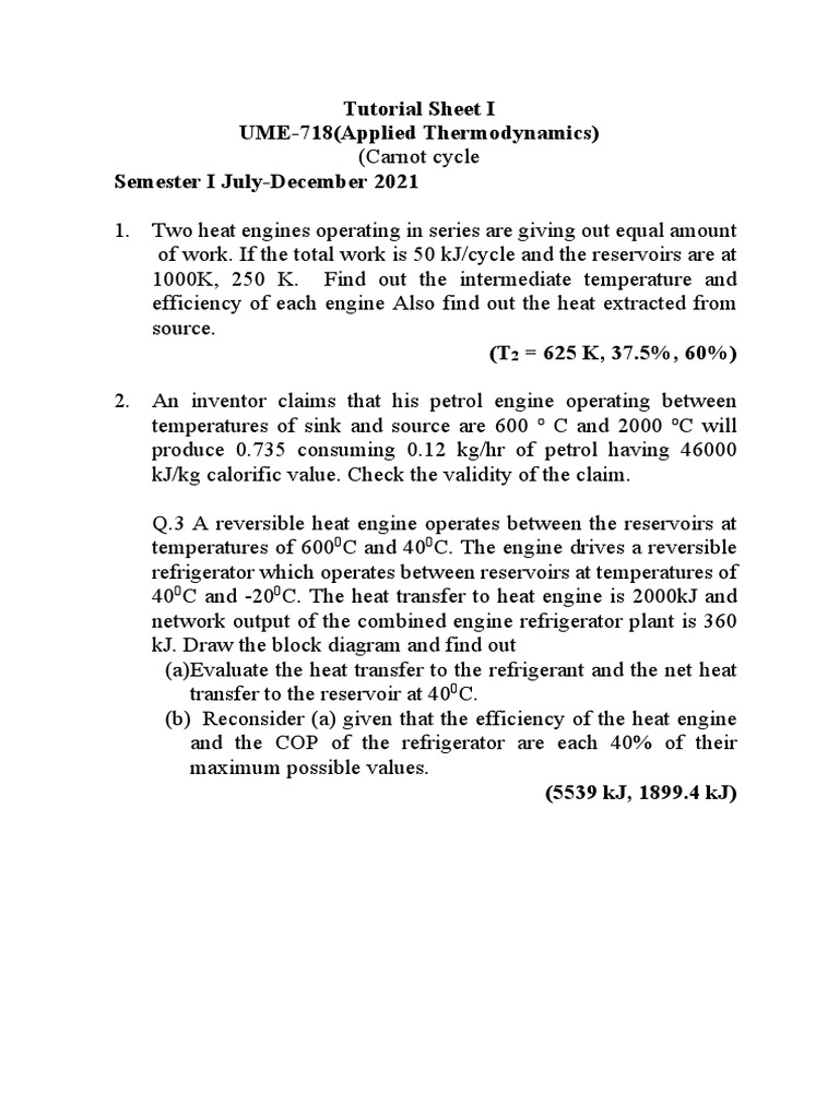 Applied Thermodynamics Tutorial Sheets | PDF | Heat | Engines