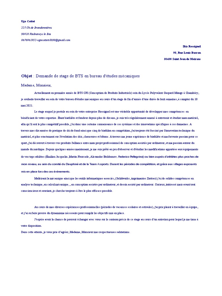 Lettre De Motivation Stage Bts Esf Lettre de Motivation-Rossignol | PDF