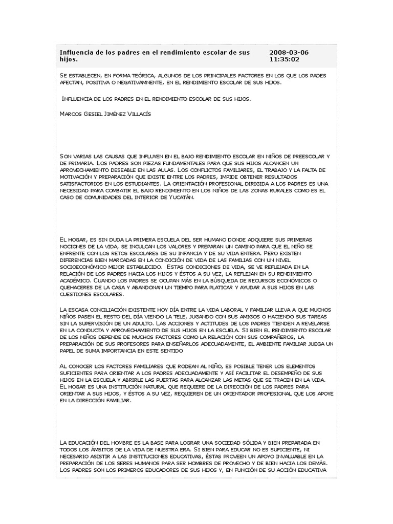 Influencia de Los Padres en El Rendimiento Escolar de Sus Hijos | PDF ...