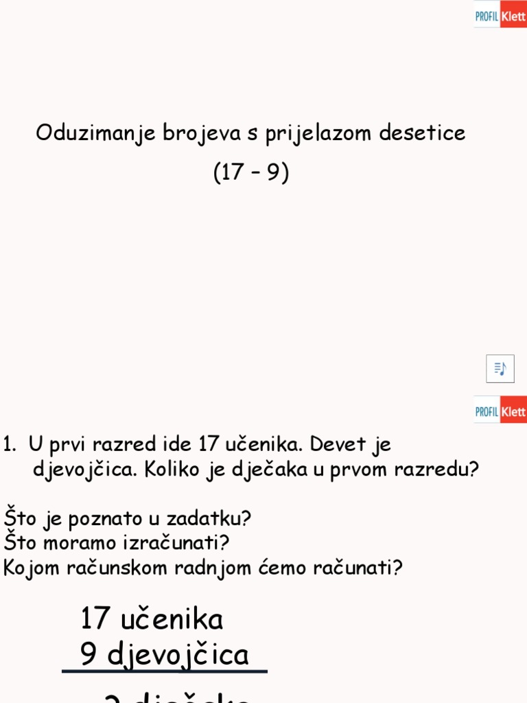Oduzimanje Brojeva S Prijelazom Desetice 17-9 | PDF