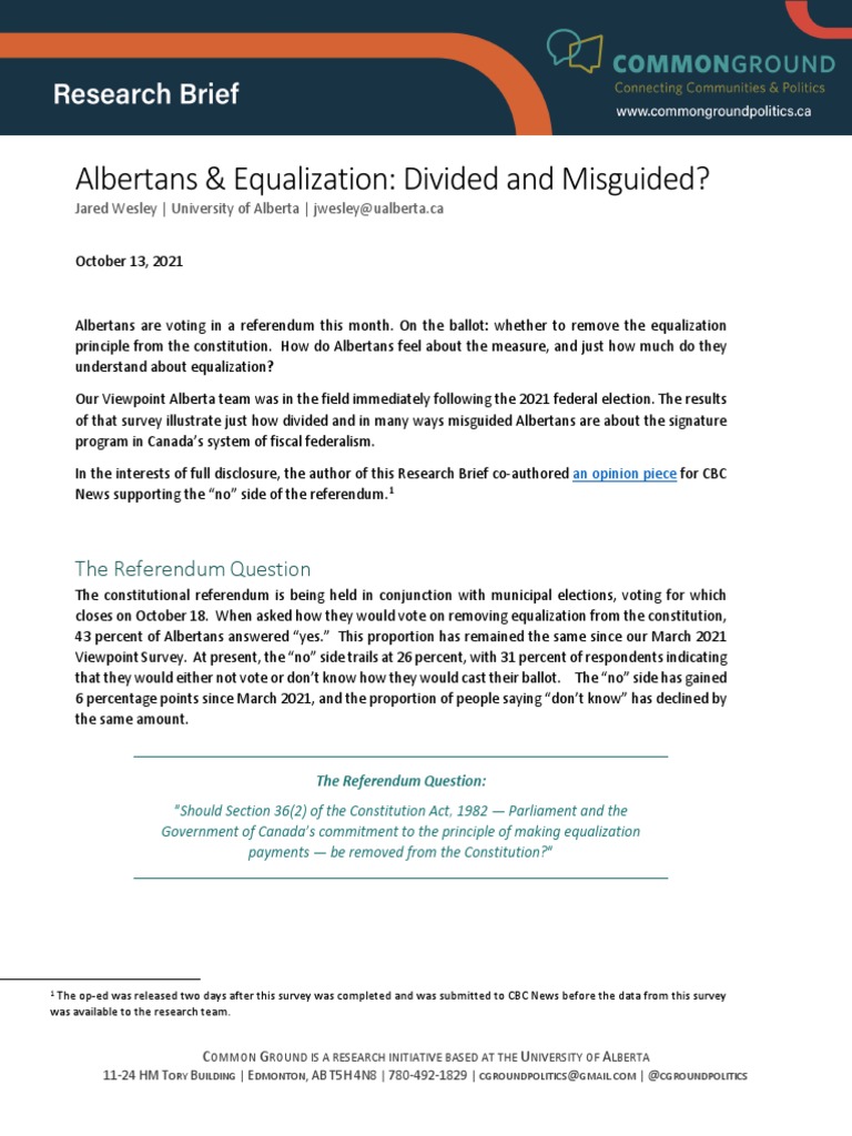 Albertans & Equalization Divided and Misguided? PDF Alberta