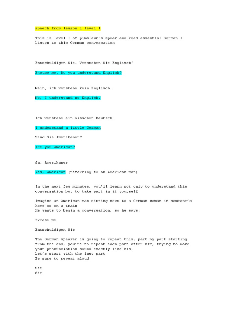 tr01 Pimsleur German I Transcript | PDF