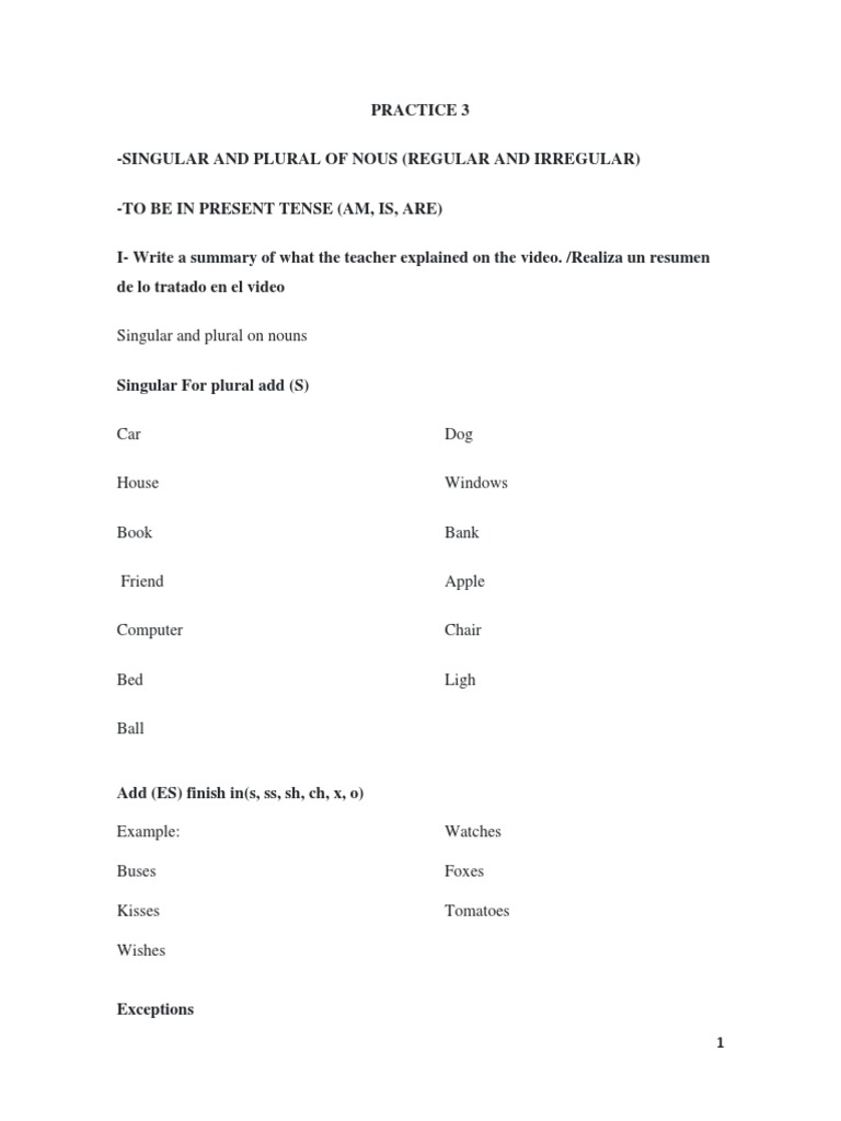 Unidad 2-Nouns and Be Exercises | PDF | Grammatical Number | Grammar