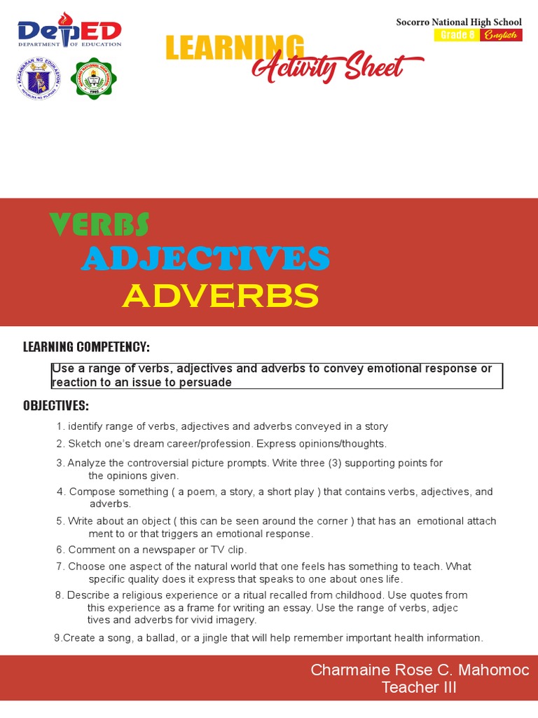 Q1 MELC WEEK 5 - Verbs, Adjectives, and Adverbs | PDF | Adverb | Verb