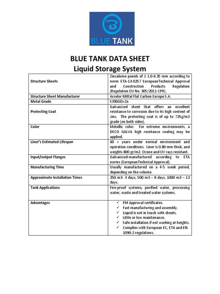 BLUE TANK Liquid Storage System - Data Sheet | PDF