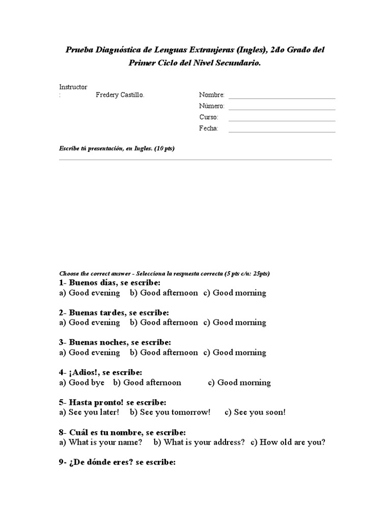 Examen de Inglés para Segundo Grado | PDF