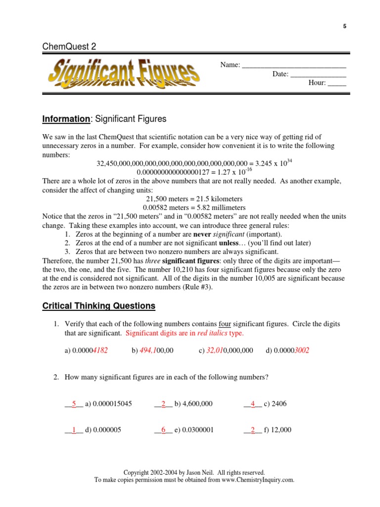 ChemQuest 2 Significant Figures Answers | PDF | Significant Figures |  Numbers