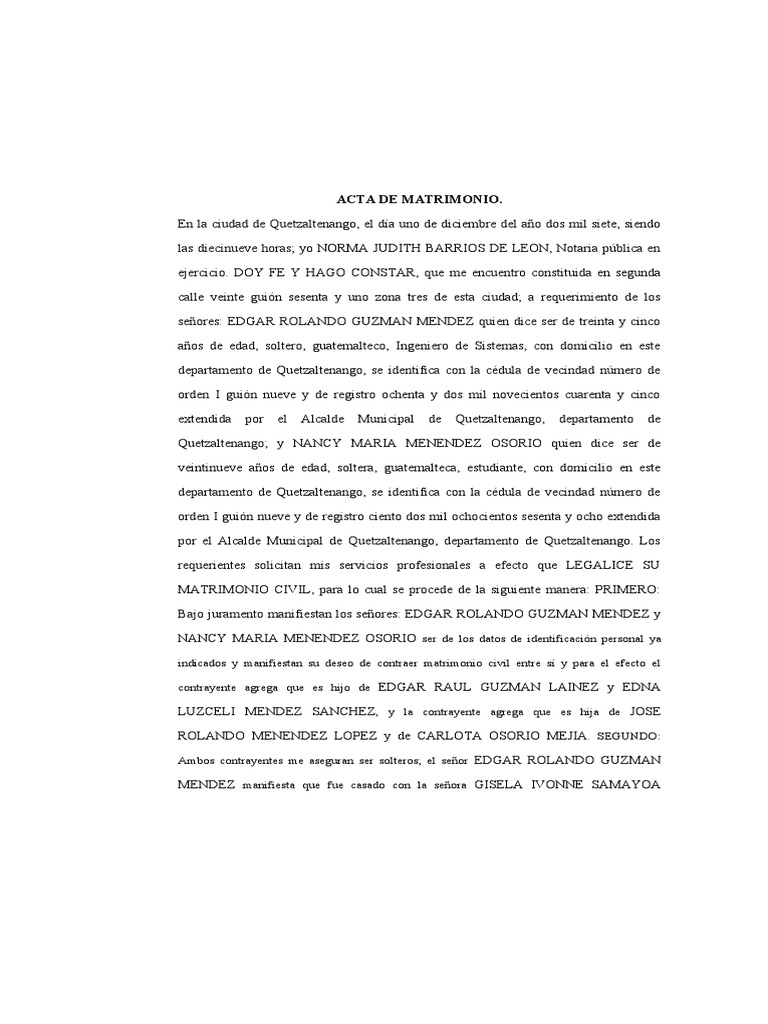 ACTA DE MATRIMONIO Con CONTRAYENTE DIVORCIADO | PDF | Matrimonio ...