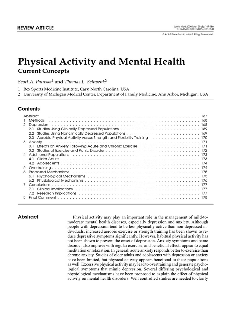 Physical Activity and Mental Health: Current Concepts | PDF | Major ...