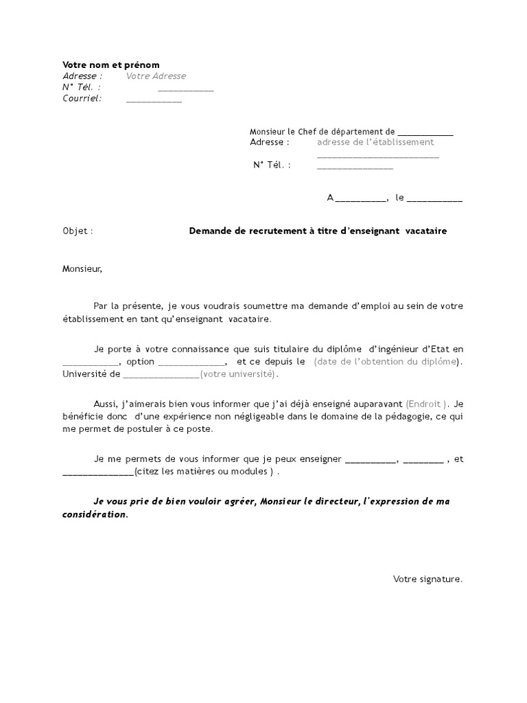 Demande de Recrutement À Titre D'enseignant Vacataire  PDF
