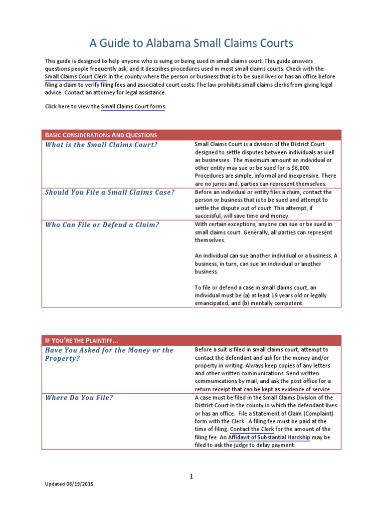 A Guide To Alabama Small Claims Courts Download Free PDF Lawsuit