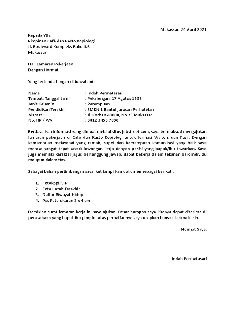 Download 72+ Contoh Surat Lamaran Kerja Di Cafe Gratis Terbaru