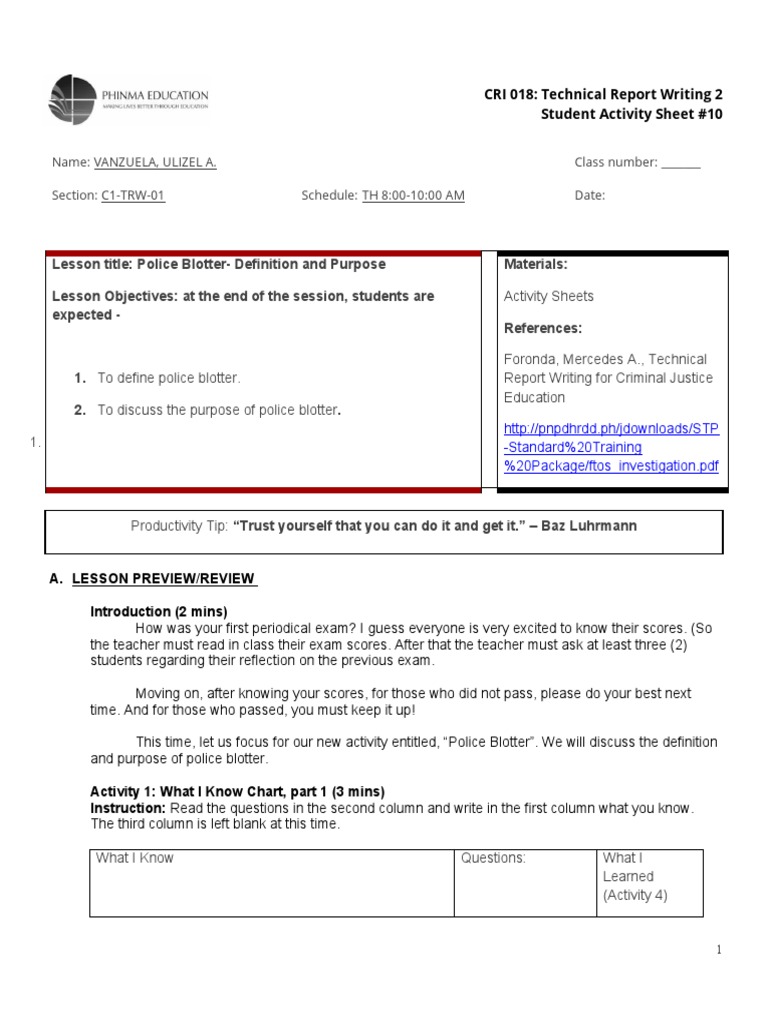 Lesson Title Police BlotterDefinition and Purpose Lesson Objectives