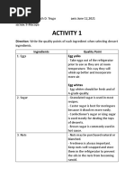 Activity 1: Direction: Write The Quality Points of Each Ingredient When Selecting Dessert