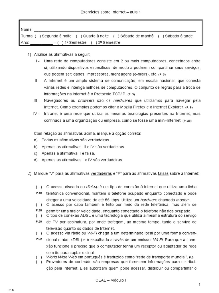 Exercícios de Internet: Aula 1 | PDF | Internet | Rede de computadores