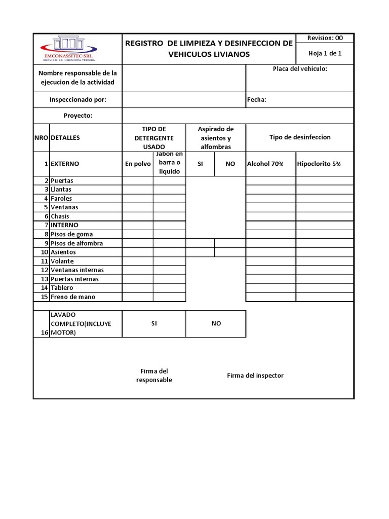 Registro de Limpieza y Desinfeccion de Vehiculos | PDF