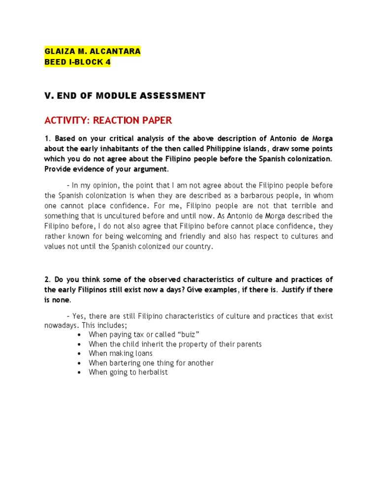 Activity: Reaction Paper: V. End of Module Assessment | PDF