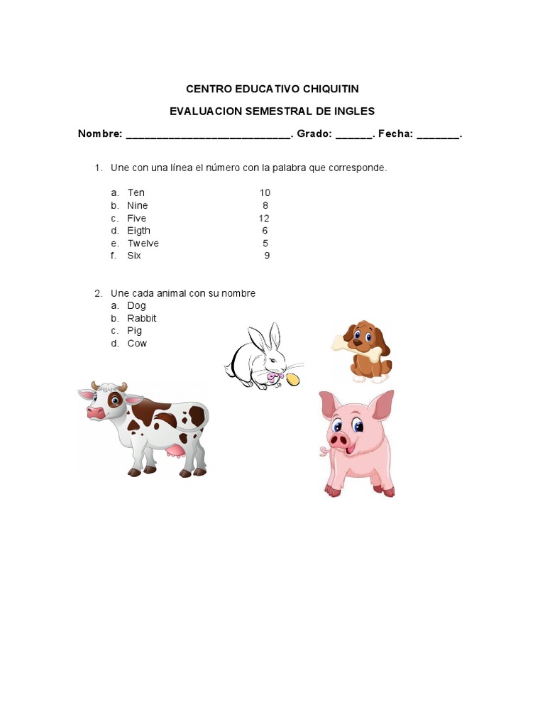 Examen de Ingles Segundo Grado | PDF