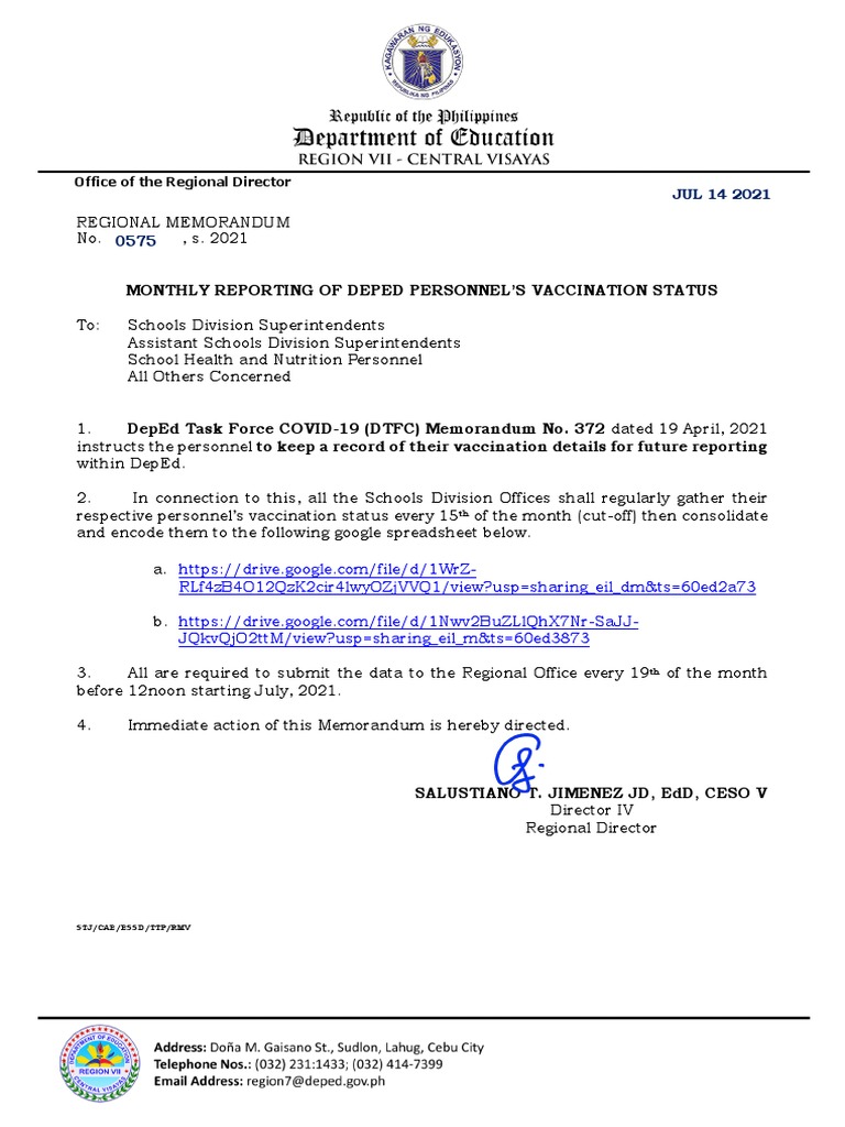 Monthly Vaccination Reporting for DepEd | PDF