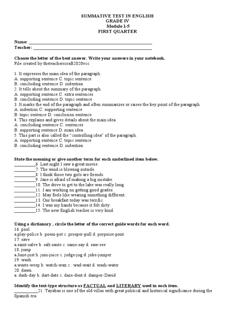 Grade IV English Summative Test | PDF | Paragraph