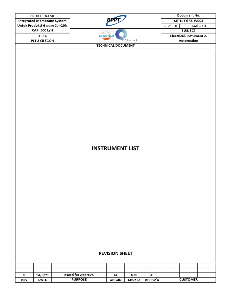SIT-LI-I-GR3-W001 Instrument List - Rev. B IFA | PDF | Pump | Switch