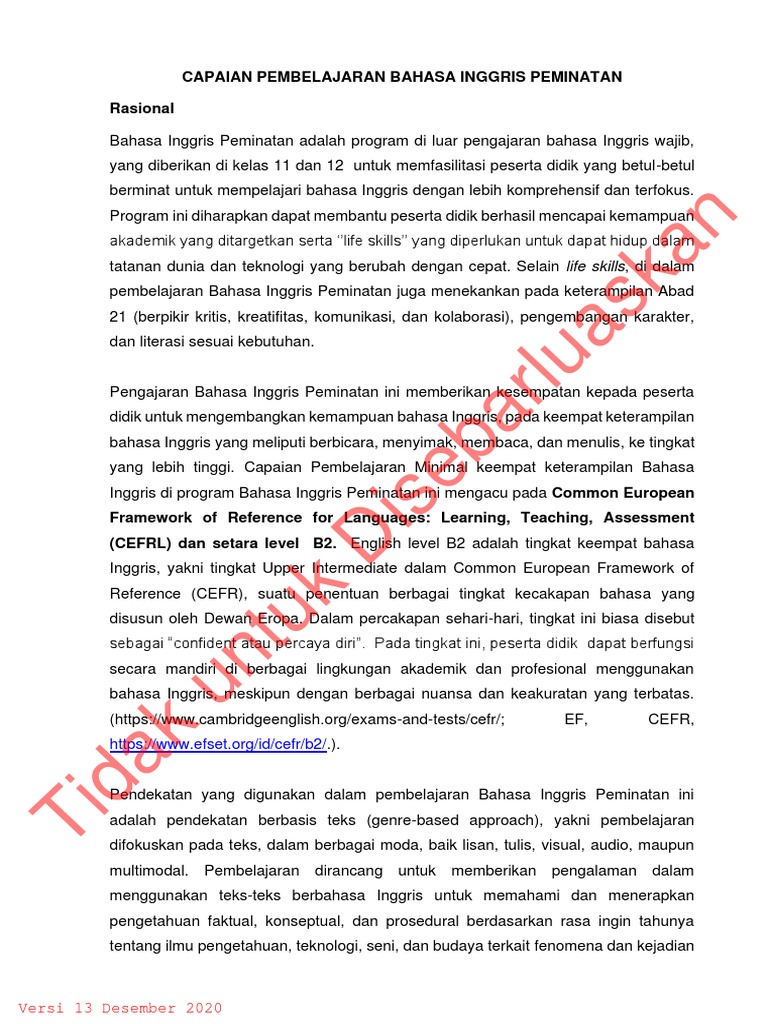 Capaian Pembelajaran Bahasa Dan Sastra Inggris Final 13122020 Pdf