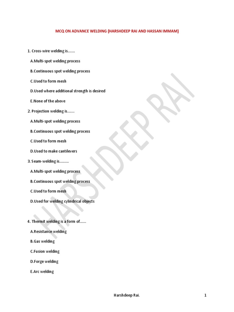 MCQ On Advance Welding (Harshdeep Rai and Hassan Immam) PDF