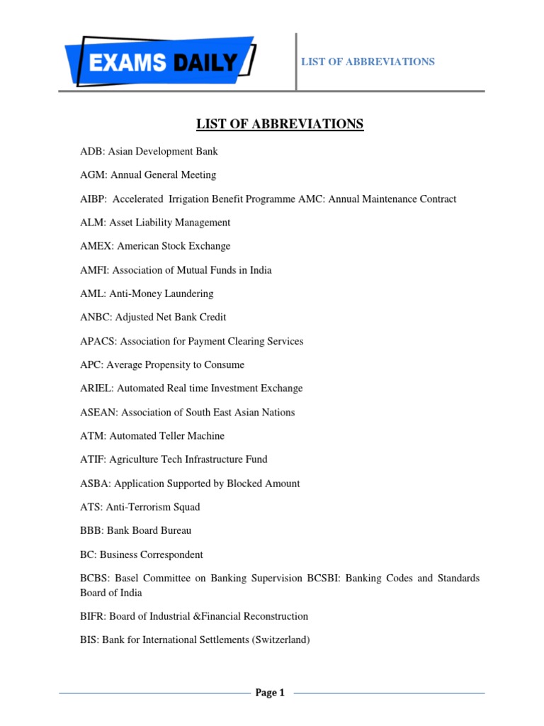 List of Abbreviations PDF Banks Finance & Money Management