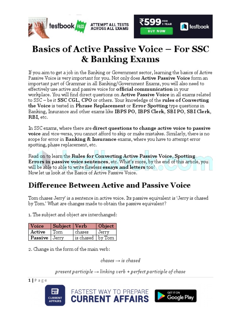 Active Passive Voice for SSC Exams | PDF | Verb | Subject (Grammar)