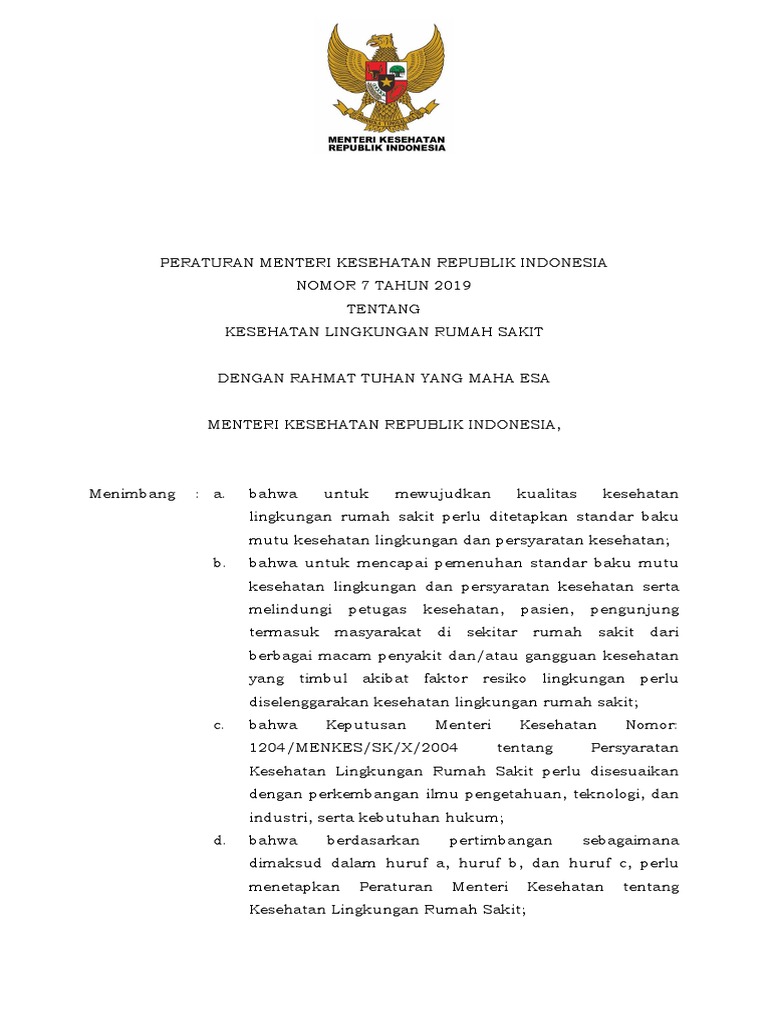 PMK No 7 Tahun 2019 Tentang Kesehatan Lingkungan Rumah Sakit | PDF
