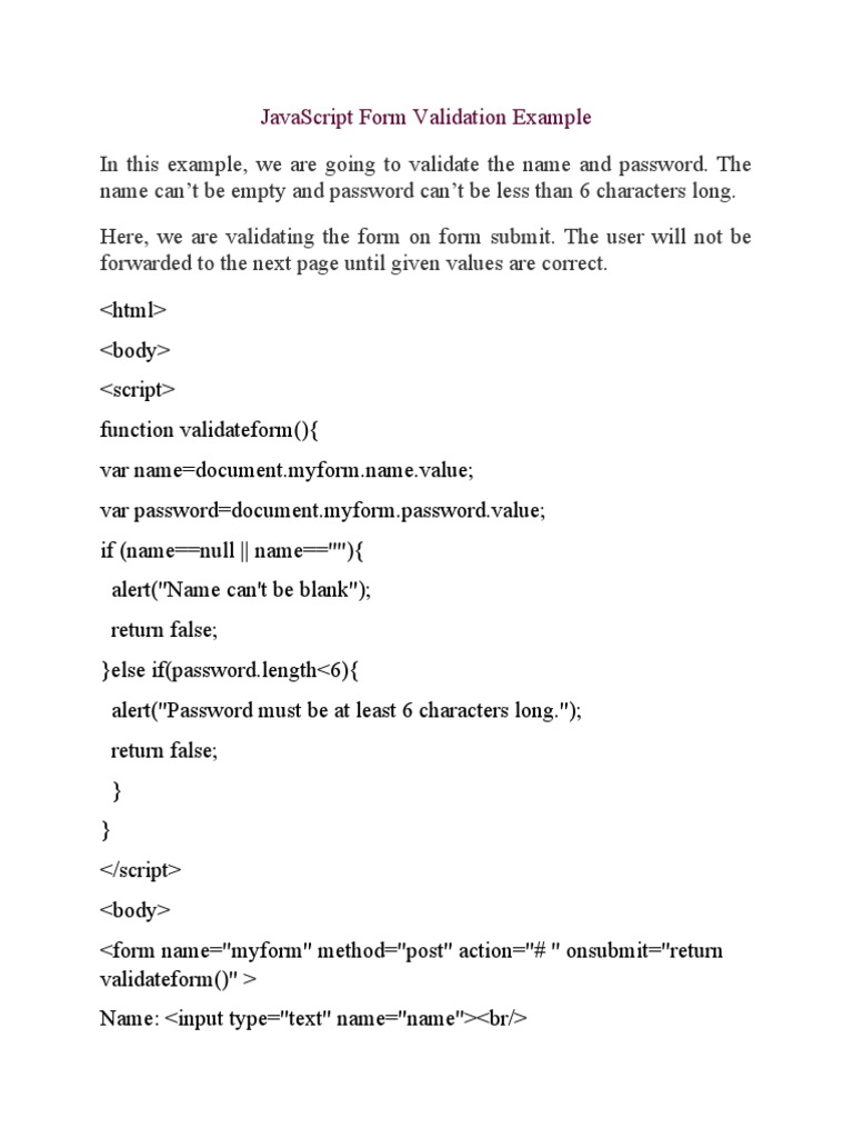 Javascript Form Validation Example | PDF | Email Address | Password