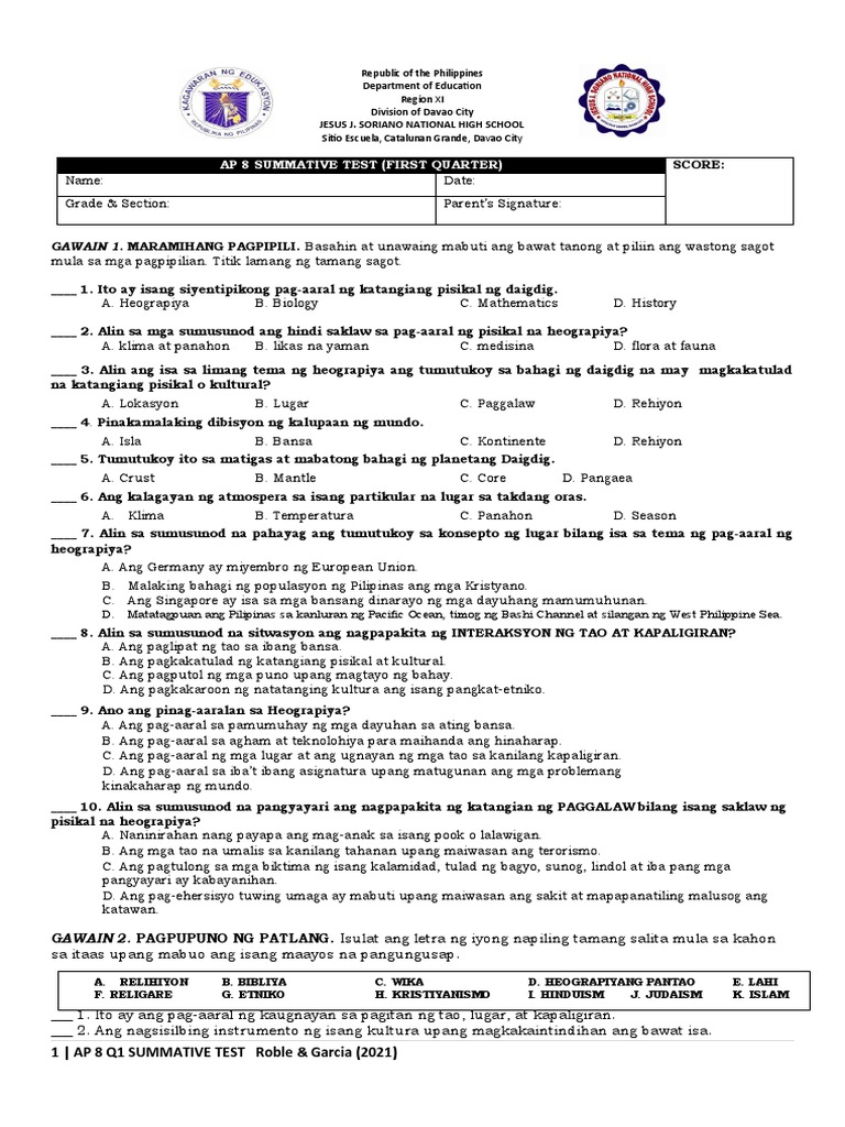 AP 8 q1 Summative Test 2021-2022 | PDF
