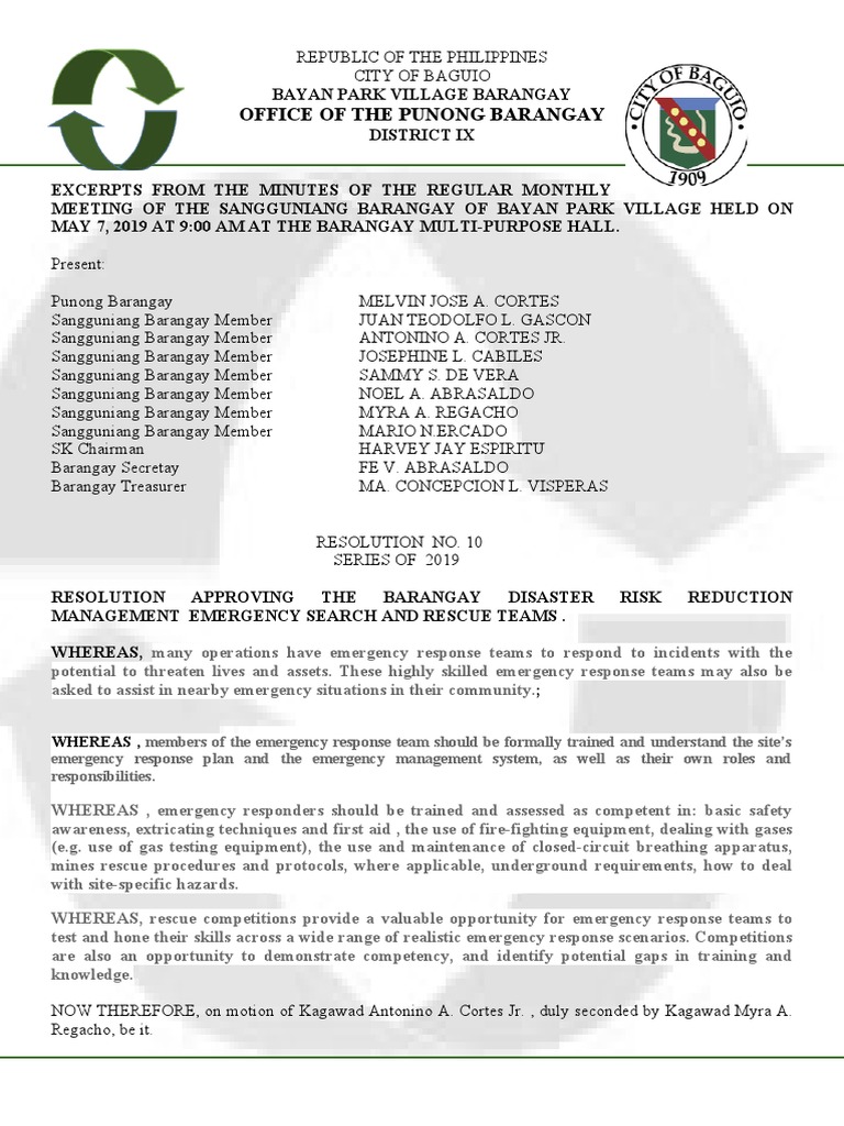 Bayan Park Village Rescue Team Resolution | PDF | Emergency | Civil Defense