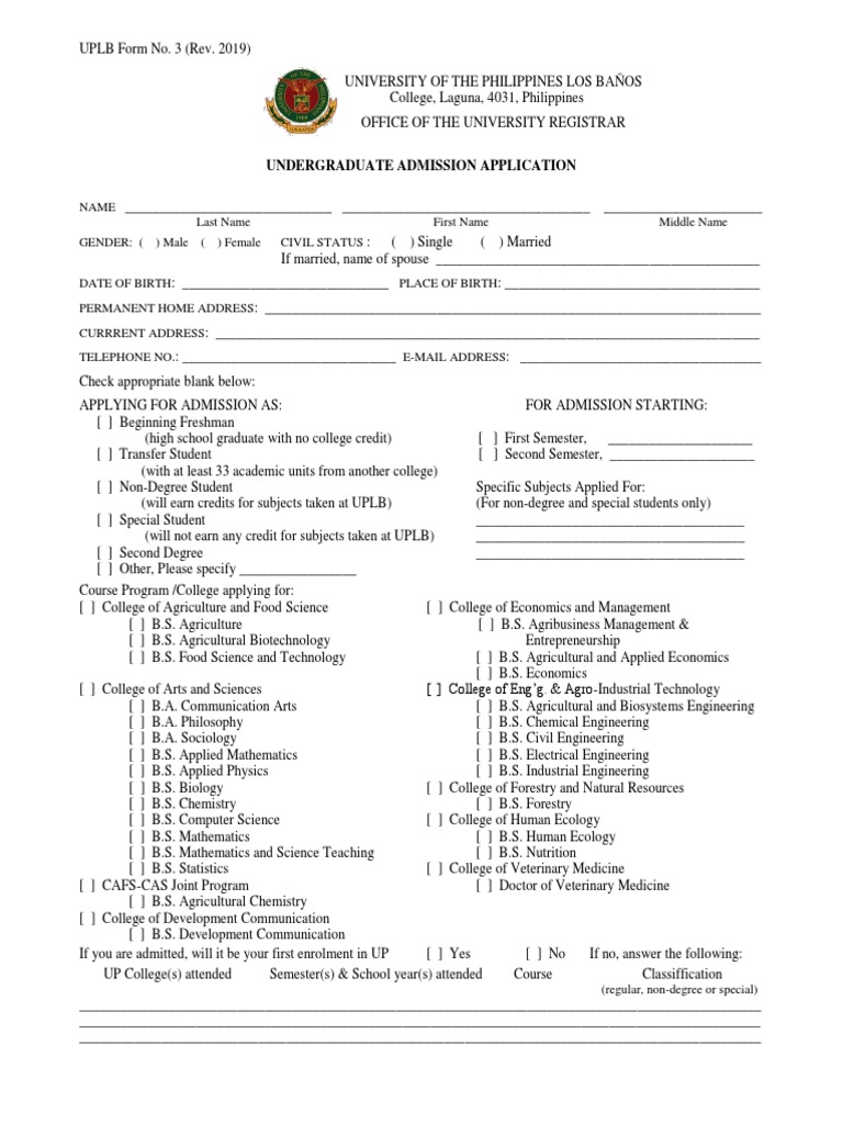 UPLB Undergraduate Admission Form | PDF | Bachelor Of Science ...