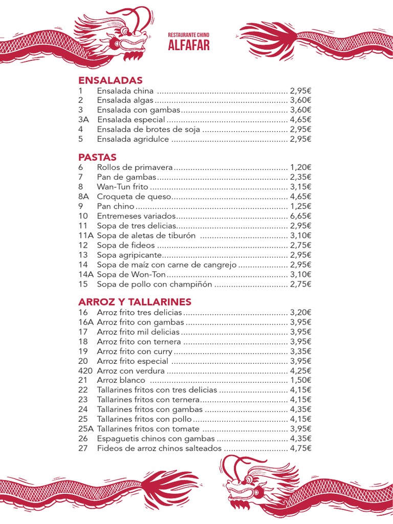 Carta Restaurante Chino Alfafar PDF Cocina Preparación de comida