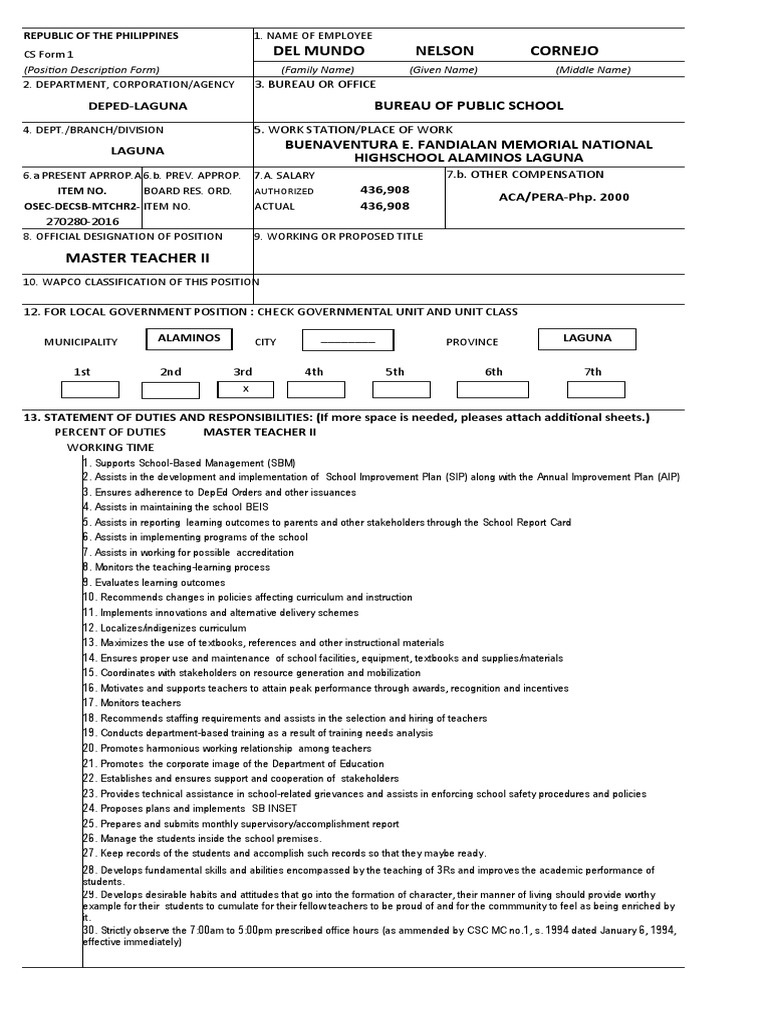 Position Description Form PDF Teachers