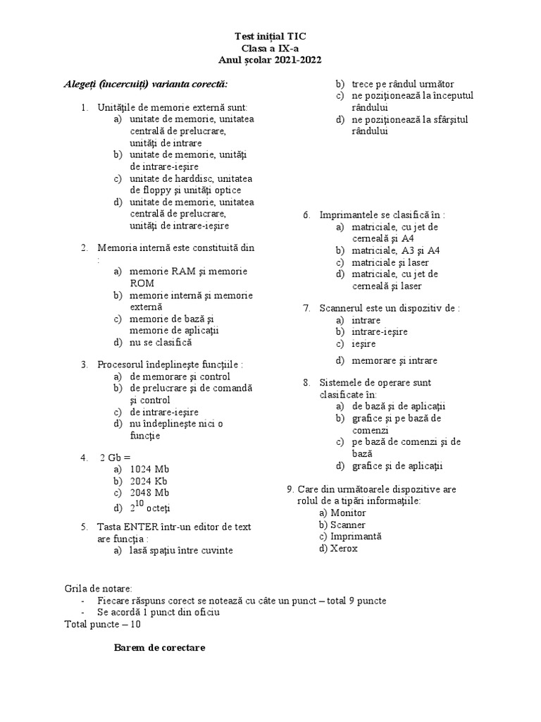 Test Inițial TIC - Cl.a IX-a | PDF