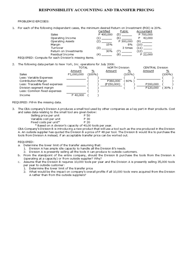 Responsibility Accounting Exercises | PDF | Return On Investment | Prices