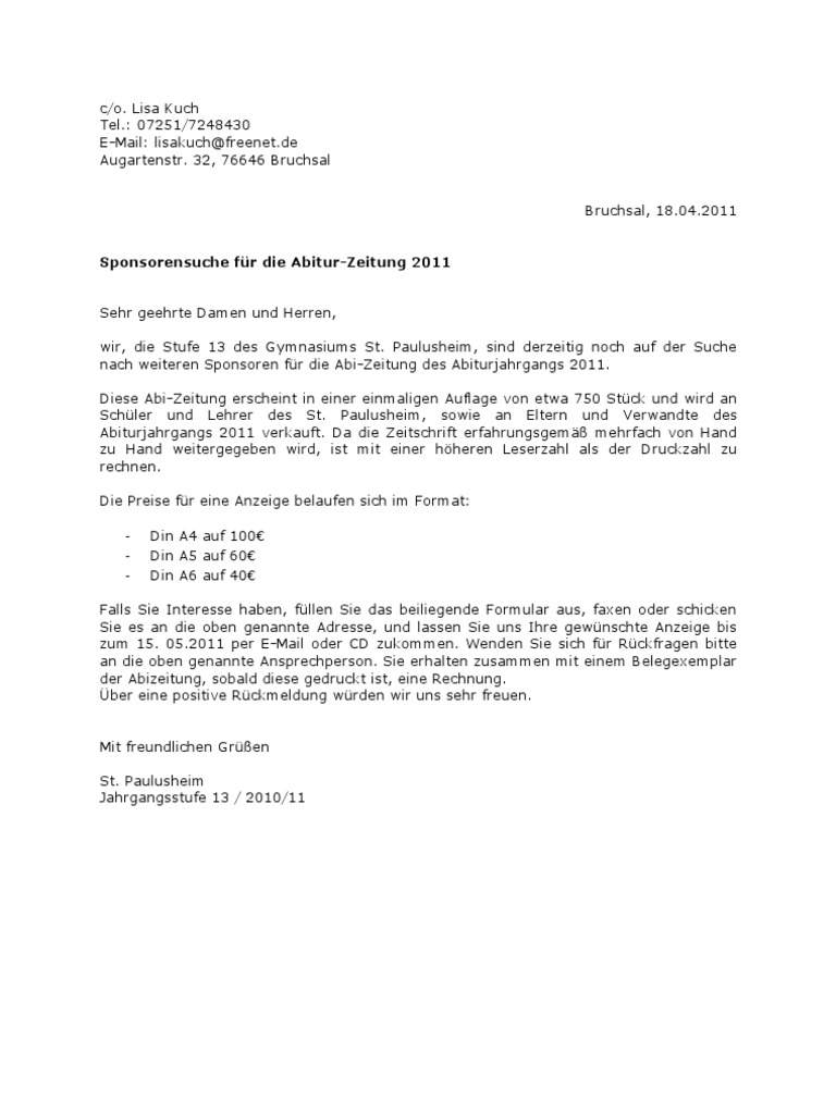 Sponsorenbrief Abizeitung 2011