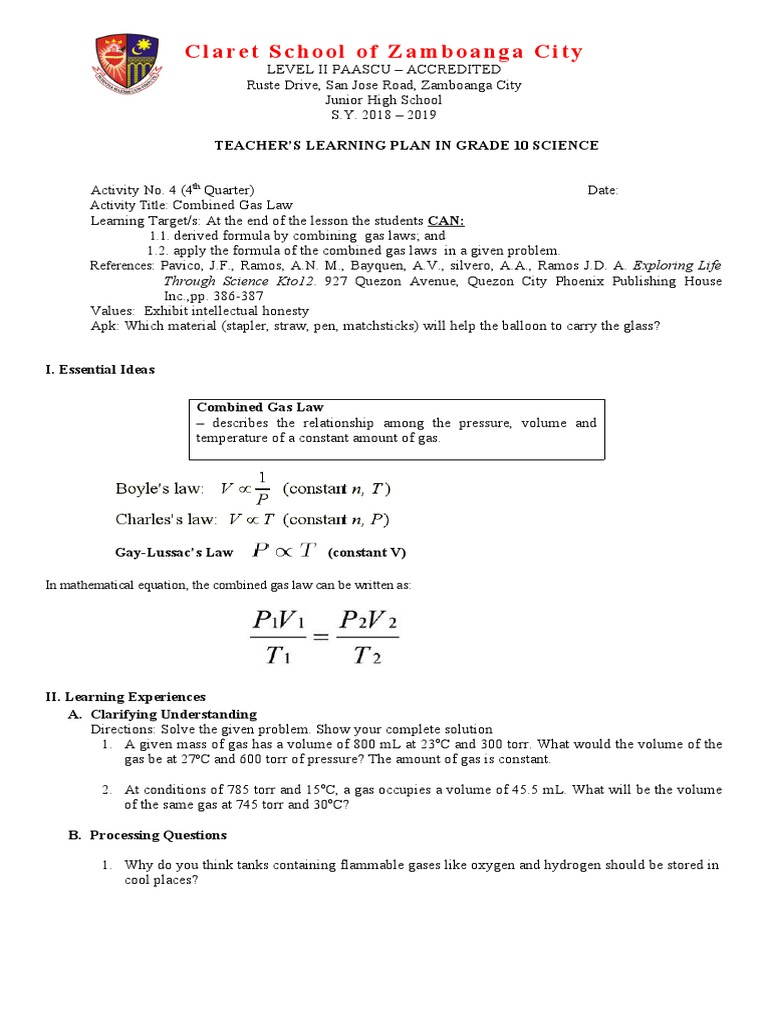 Grade 10 Science: Combined Gas Law Plan | PDF | Gases | Chemistry